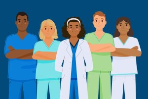 Illustration of a multidisciplinary healthcare team representing NICU teamwork guidelines and collaborative neonatal care